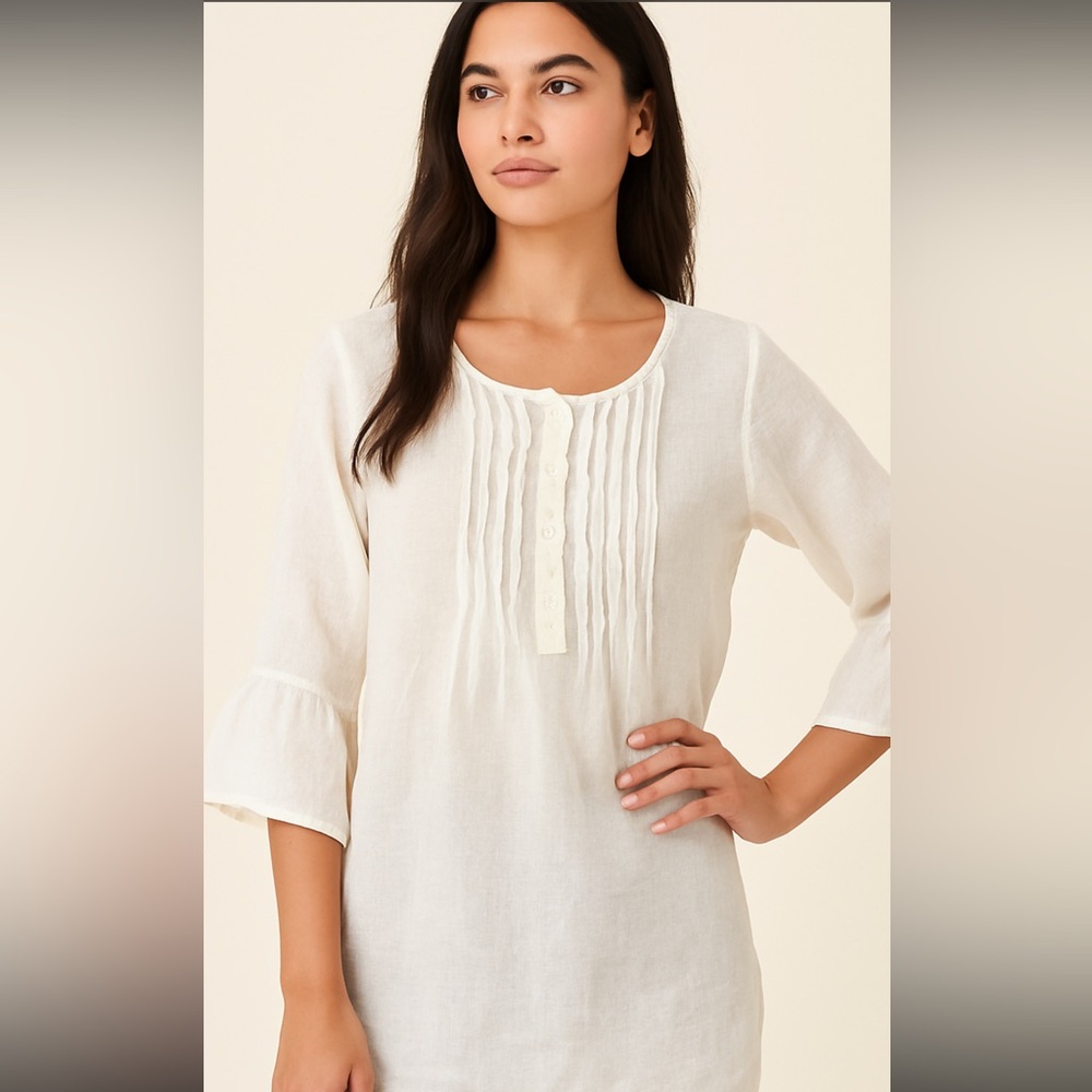 Valentina Naldi Italy 100% Linen White Pintuck Tunic Blouse Women’s M
